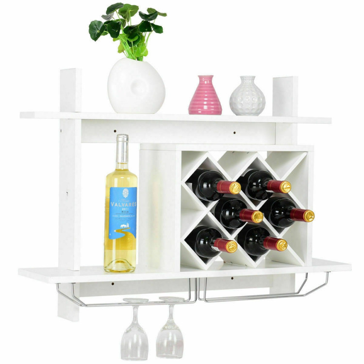 Household Wall Mount Wine Rack Organizer with Glass Holder Storage ShelfCostway Gallery View 4 of 9