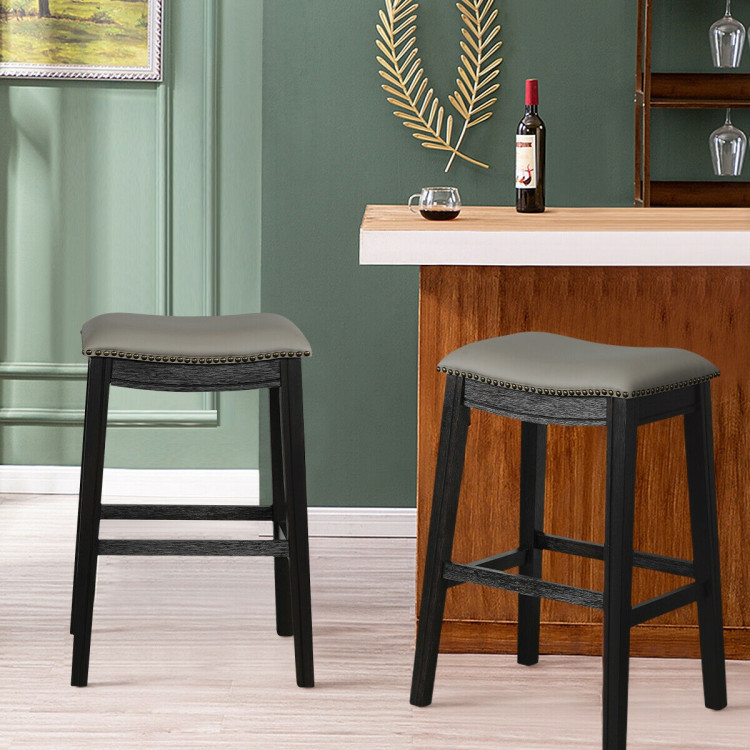 29 Inch Set of 2 Saddle Nailhead Kitchen Counter Chair-Black ChairCostway Gallery View 2 of 7