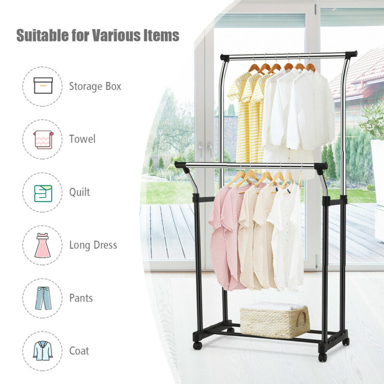 Double Rail Adjustable Clothing Garment Rack with Wheels - Costway
