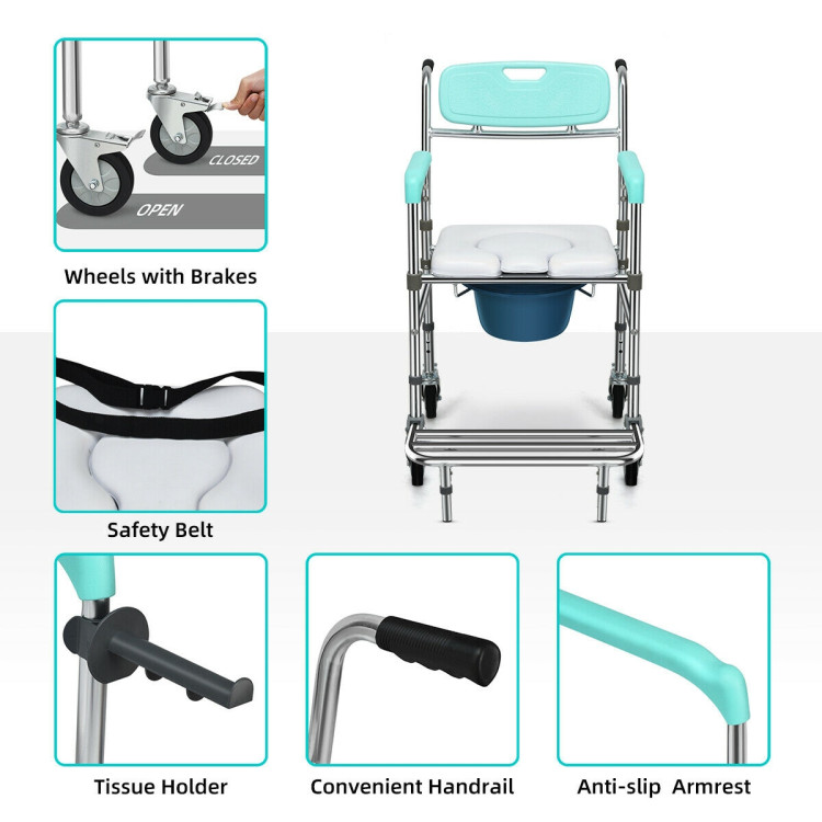 Aluminum Medical Transport Commode Wheelchair Shower Chair-TurquoiseCostway Gallery View 11 of 11