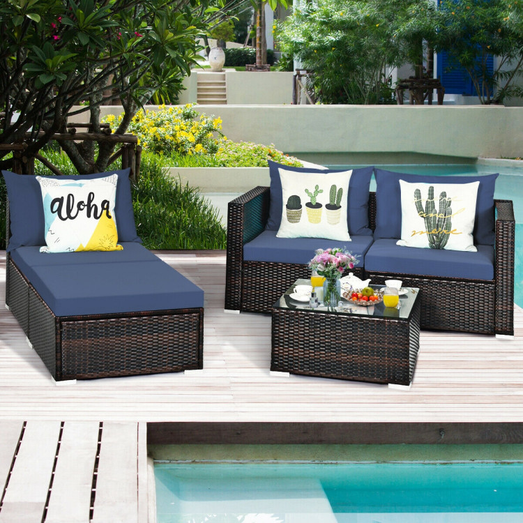 5 Pieces Patio Rattan Sectional Furniture Set with Cushions and Coffee Table -NavyCostway Gallery View 7 of 12