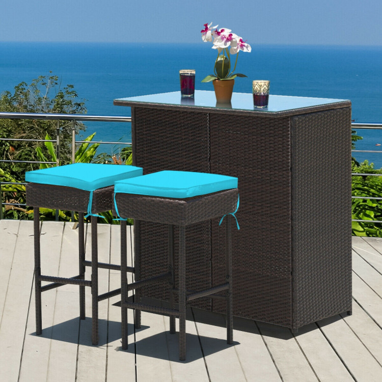 3PCS Patio Rattan Wicker Bar Table Stools Dining Set-TurquoiseCostway Gallery View 6 of 12