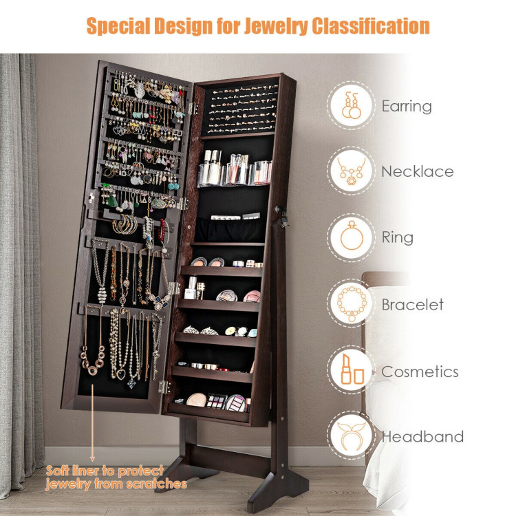 Standing Jewelry Armoire Cabinet with Full Length Mirror-BrownCostway Gallery View 8 of 11