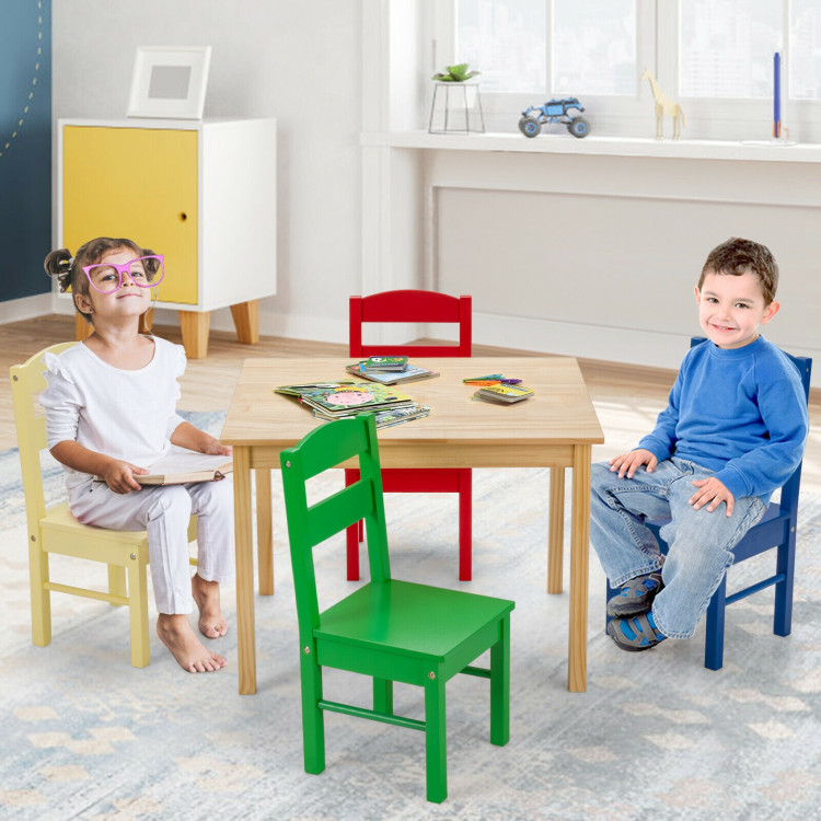 5 pcs Kids Pine Wood Multicolor Table Chair Set Costway Gallery View 7 of 12
