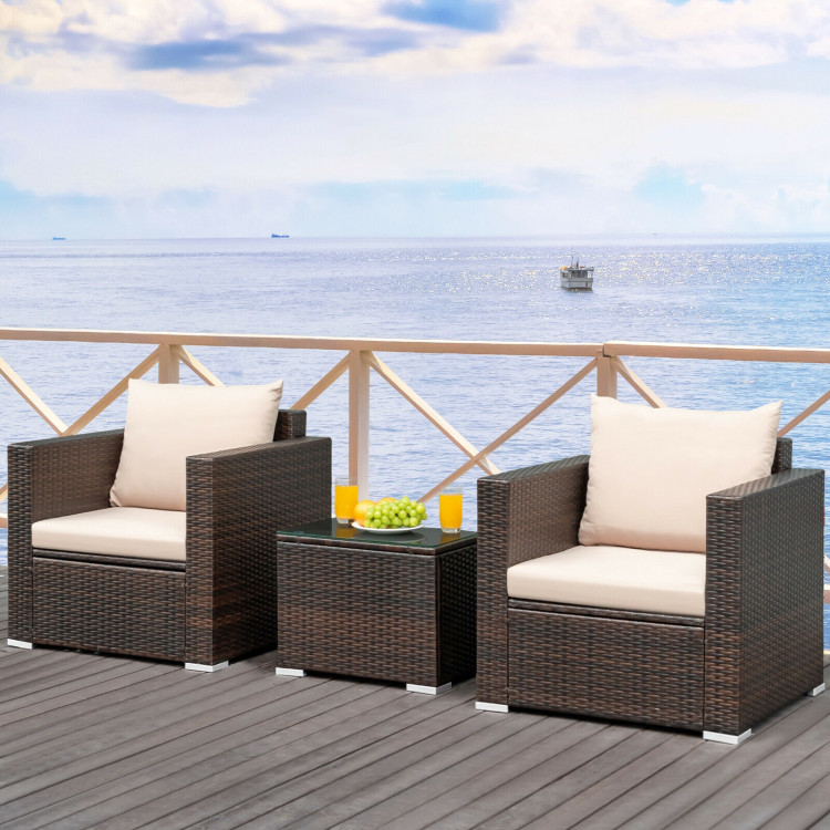 3 Pcs Patio Conversation Rattan Furniture Set with Cushion-BeigeCostway Gallery View 6 of 12