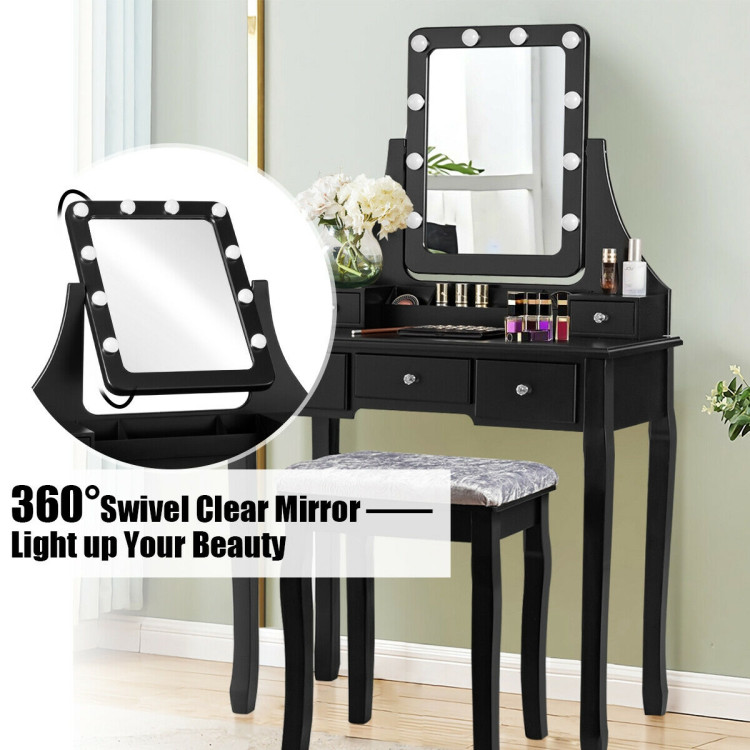 Vanity Dressing Table Set with 10 Dimmable Bulbs and Cushioned Stool-BlackCostway Gallery View 7 of 11