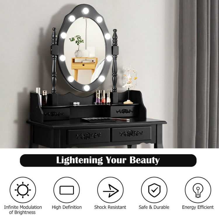 Makeup Vanity Dressing Table Set with Dimmable Bulbs Cushioned Stool-BlackCostway Gallery View 2 of 12