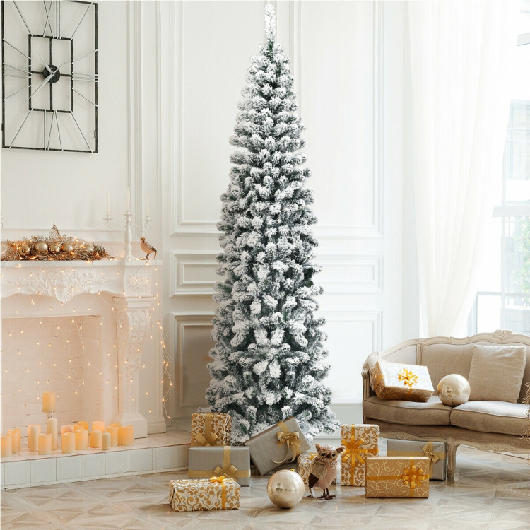 7.5 Feet Unlit Hinged Snow Flocked Artificial Pencil Christmas Tree with 641 TipsCostway Gallery View 2 of 9