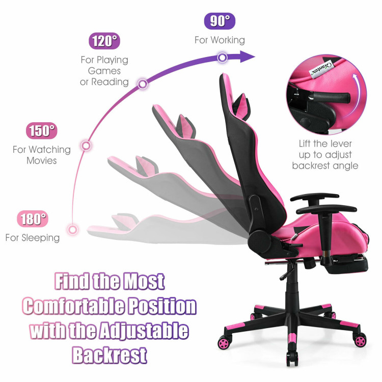 PU Leather Gaming Chair with USB Massage Lumbar Pillow and Footrest -PinkCostway Gallery View 10 of 12