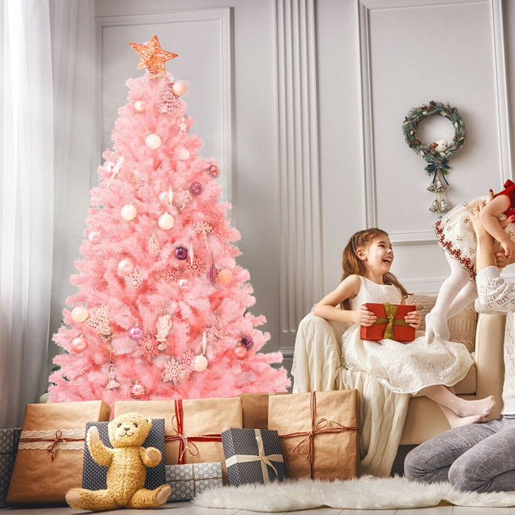 6 Feet Pink Artificial Hinged Spruce Full Christmas Tree with Foldable Metal StandCostway Gallery View 2 of 12