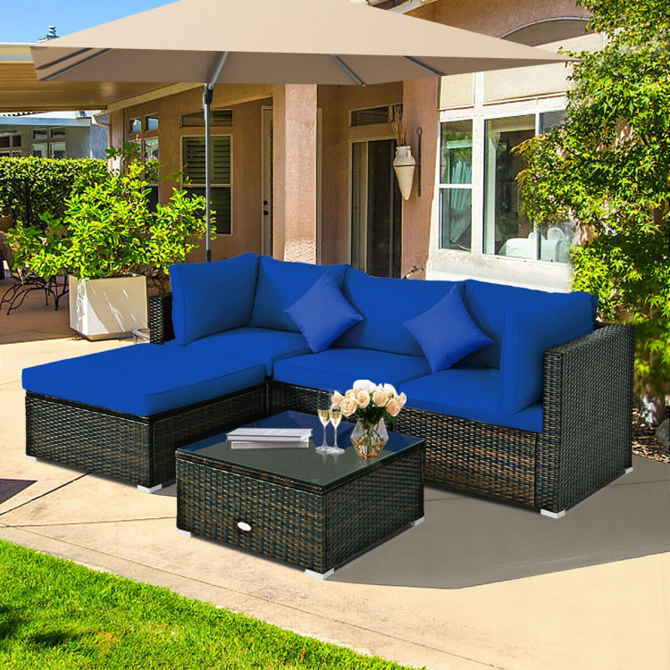 5 Pcs Outdoor Patio Rattan Furniture Set Sectional Conversation with Navy Cushions-NavyCostway Gallery View 1 of 12