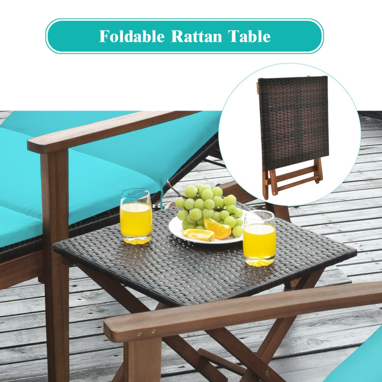 3 Pieces Portable Patio Cushioned Rattan Lounge Chair Set with Folding Table-TurquoiseCostway Gallery View 12 of 12