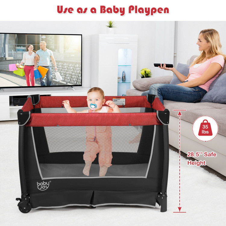 4-in-1 Convertible Portable Baby Play yard with Toys and Music Player-RedCostway Gallery View 7 of 12