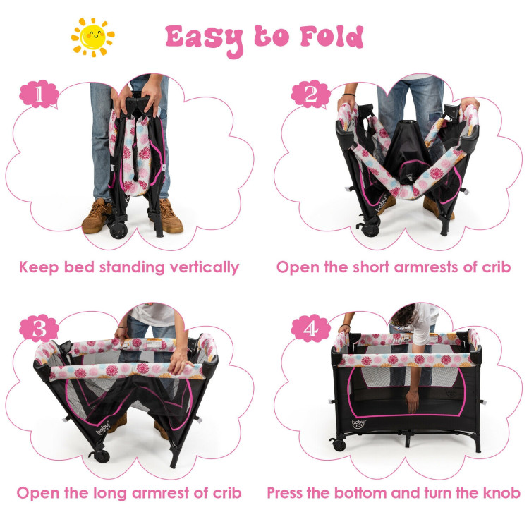 3-in-1 Convertible Portable Baby Playard with Music Box and Wheel and Brakes-PinkCostway Gallery View 8 of 8