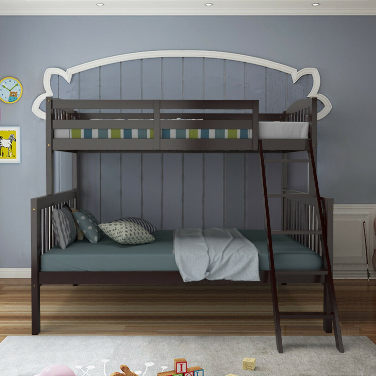 Twin over Full Bunk Bed Rubber Wood Convertible with Ladder Guardrail-EspressoCostway Gallery View 1 of 12