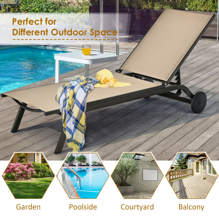 Aluminum Fabric Outdoor Patio Lounge Chair with Adjustable Reclining -BrownCostway Gallery View 3 of 11