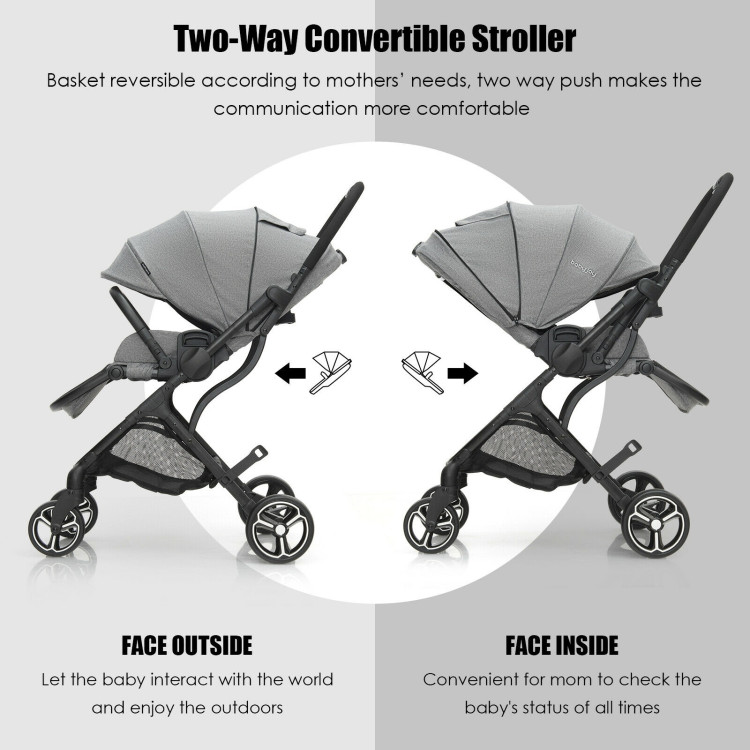 High Landscape Foldable Baby Stroller with Reversible Reclining Seat-GrayCostway Gallery View 9 of 12