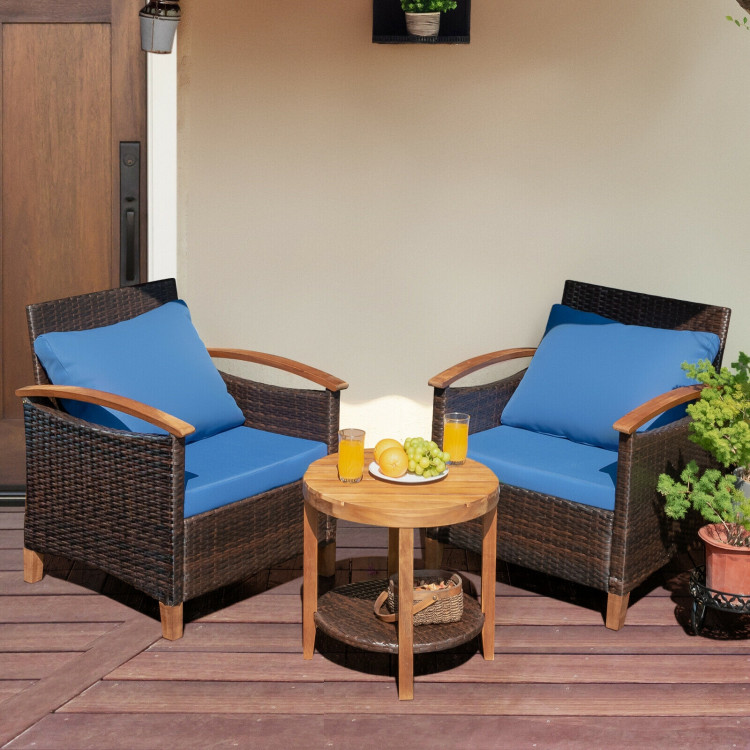 3 Pieces Patio Rattan Furniture Set with Washable Cushion and Acacia Wood Tabletop-BlueCostway Gallery View 7 of 11
