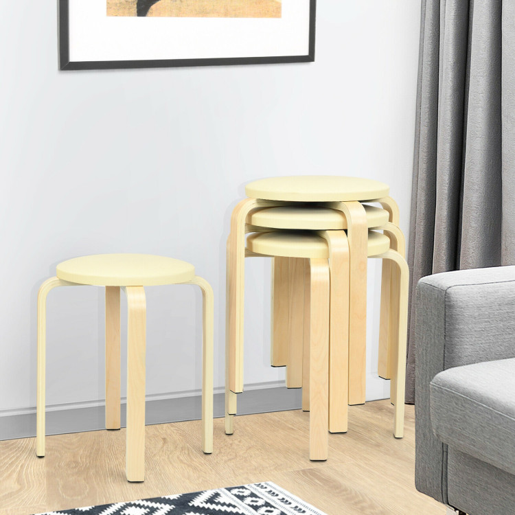 Set of 4 Bentwood Round Stool Stackable Dining Chairs with Padded Seat-BeigeCostway Gallery View 7 of 12