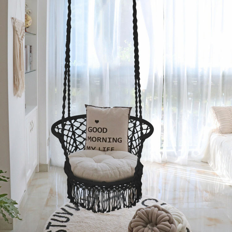 Hanging Hammock Chair with 330 Pounds Capacity and Cotton Rope Handwoven Tassels Design-BlackCostway Gallery View 6 of 11
