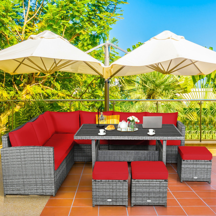 7 Pieces Patio Rattan Dining Furniture Sectional Sofa Set with Wicker Ottoman-RedCostway Gallery View 6 of 11
