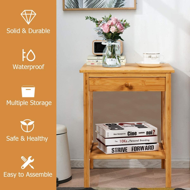Multipurpose Bamboo End Table  with Drawer and Storage Shelf for Living Room-NaturalCostway Gallery View 7 of 9