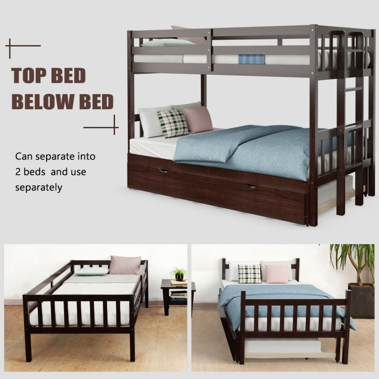 Twin Pull-Out Bunk Bed with Trundle Wooden Ladder-EspressoCostway Gallery View 5 of 11