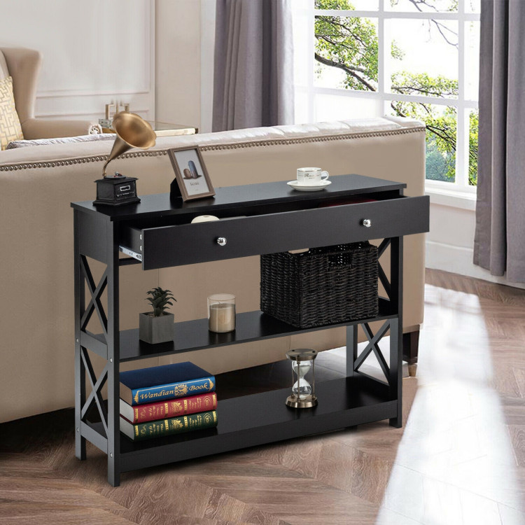 3-Tier Console Table with Drawers for Living Room Entryway-BlackCostway Gallery View 7 of 12