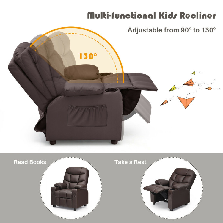 PU Leather Kids Recliner Chair with Cup Holders and Side Pockets-BrownCostway Gallery View 5 of 12