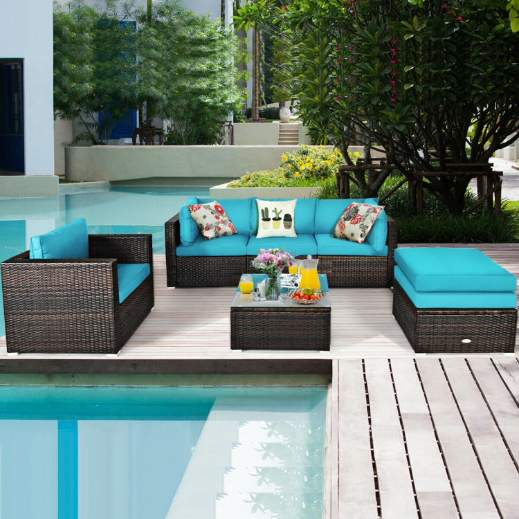 6 Pcs Patio Rattan Furniture Set with Sectional Cushion-TurquoiseCostway Gallery View 1 of 12