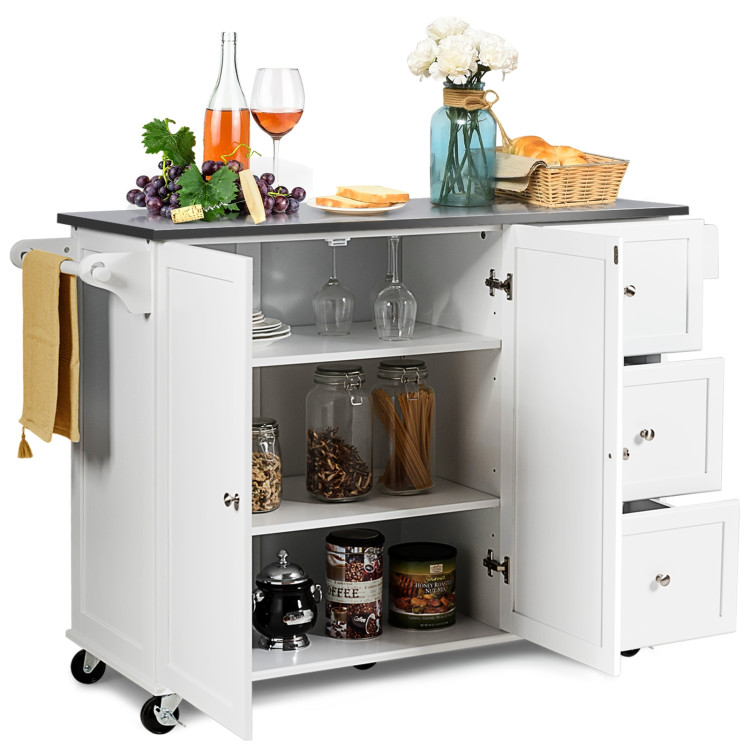 Kitchen Island 2-Door Storage Cabinet with Drawers and Stainless Steel Top-WhiteCostway Gallery View 11 of 15