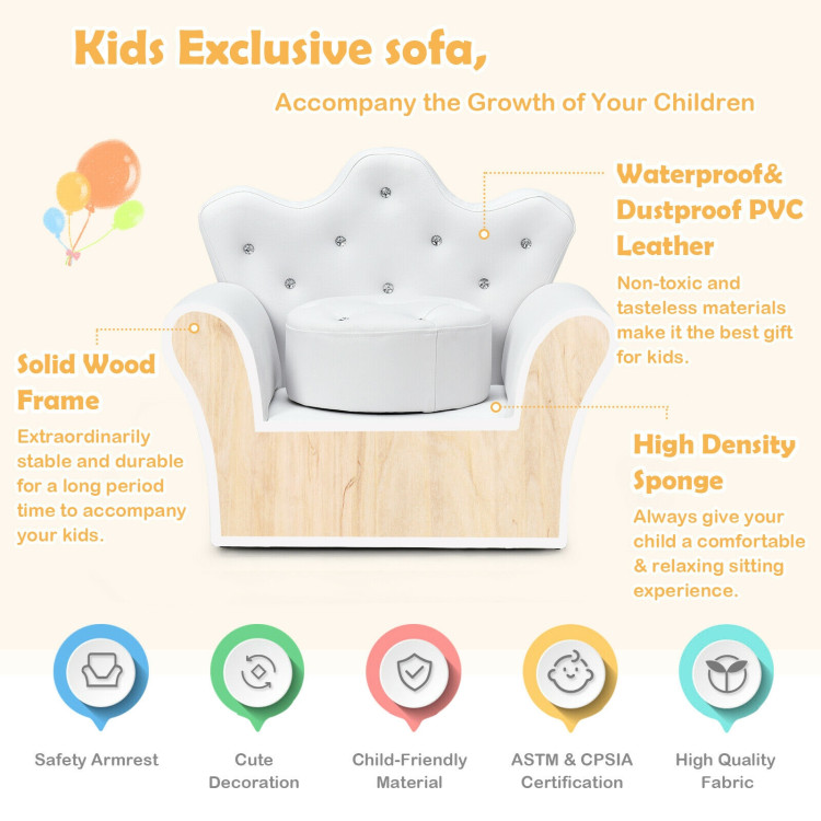  Children Upholstered Princess Sofa with Ottoman and Diamond Decoration for Boys and Girls-WhiteCostway Gallery View 7 of 12
