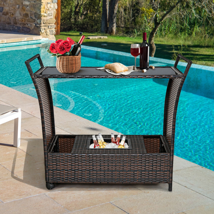 Patio Rattan Bar Serving Cart with Glass Top and HandleCostway Gallery View 6 of 12
