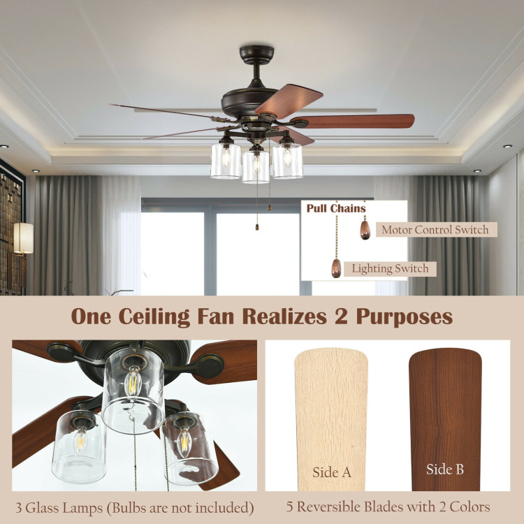 52 Inch Ceiling Fan Light with Pull Chain and 5 Bronze Finished Reversible BladesCostway Gallery View 11 of 12