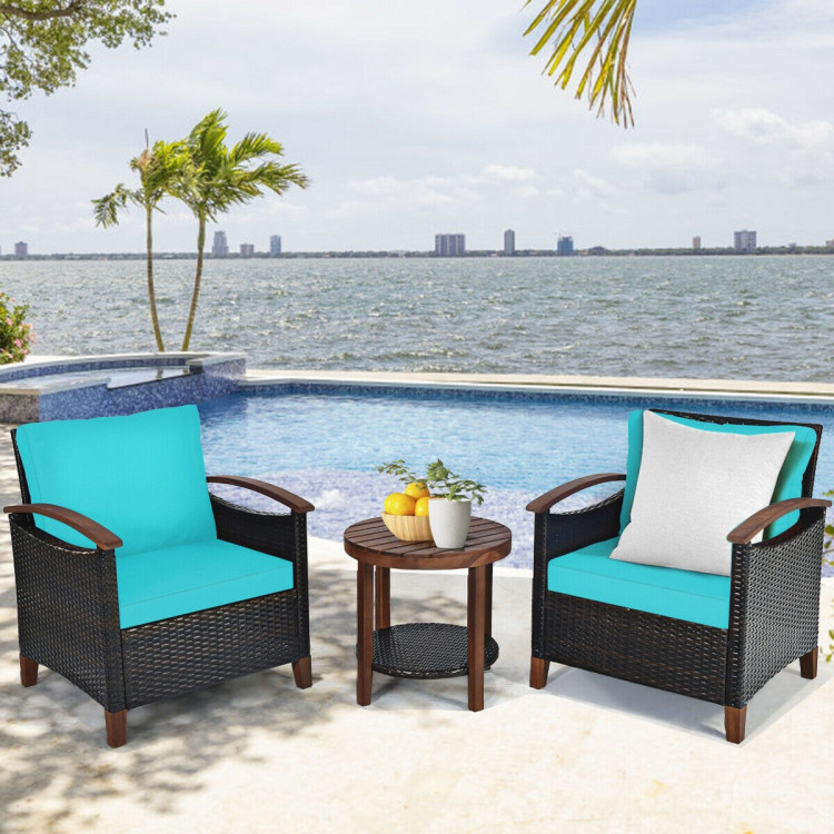 3 Pieces Patio Rattan Furniture Set with Washable Cushion and Acacia Wood Tabletop-TurquoiseCostway Gallery View 7 of 12
