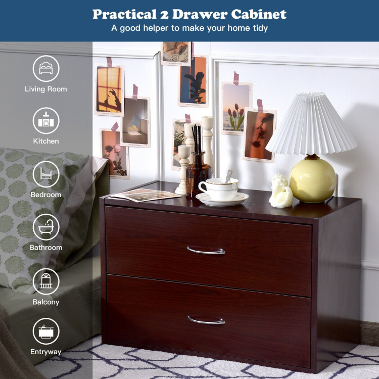 2-Drawer Dresser Horiztonal Organizer End Table Nightstand with Handle Wood-BrownCostway Gallery View 3 of 12