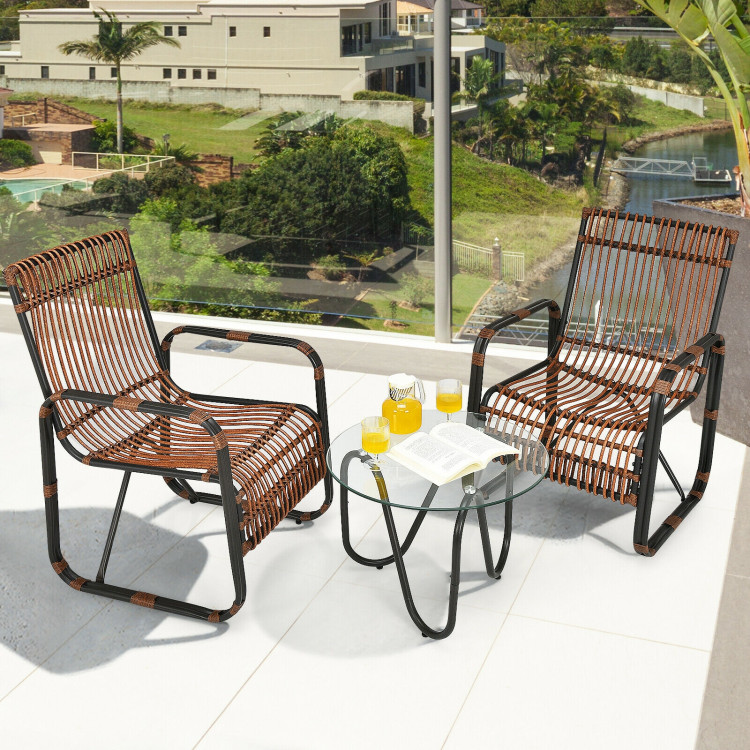 3 Pieces Patio Rattan Furniture Set with 2 Single Wicker Chairs and Glass Side TableCostway Gallery View 6 of 10