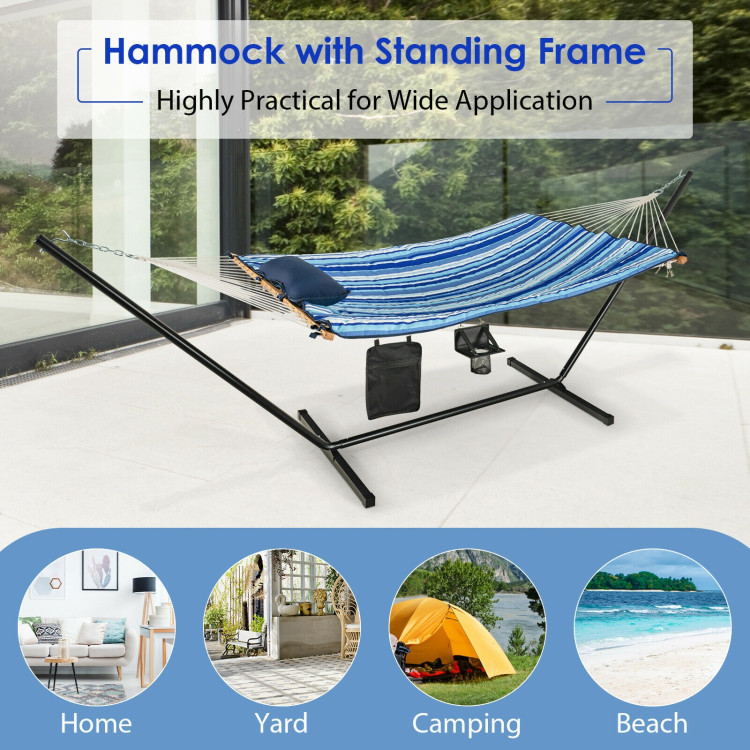  Hammock Chair Stand Set Cotton Swing with Pillow Cup Holder Indoor OutdoorCostway Gallery View 6 of 15
