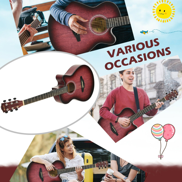 40 Inch Full Size Cutaway Acoustic Guitar Starter Guitarra Bundle Kit-RedCostway Gallery View 8 of 12