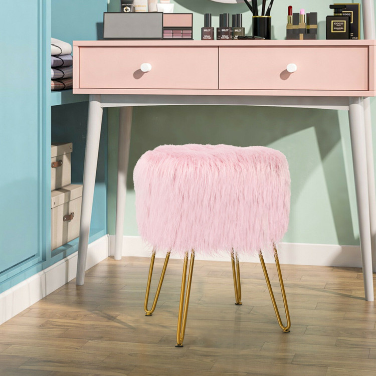 Faux Fur Vanity Stool Chair with Metal Legs for Bedroom and Living Room-PinkCostway Gallery View 6 of 11