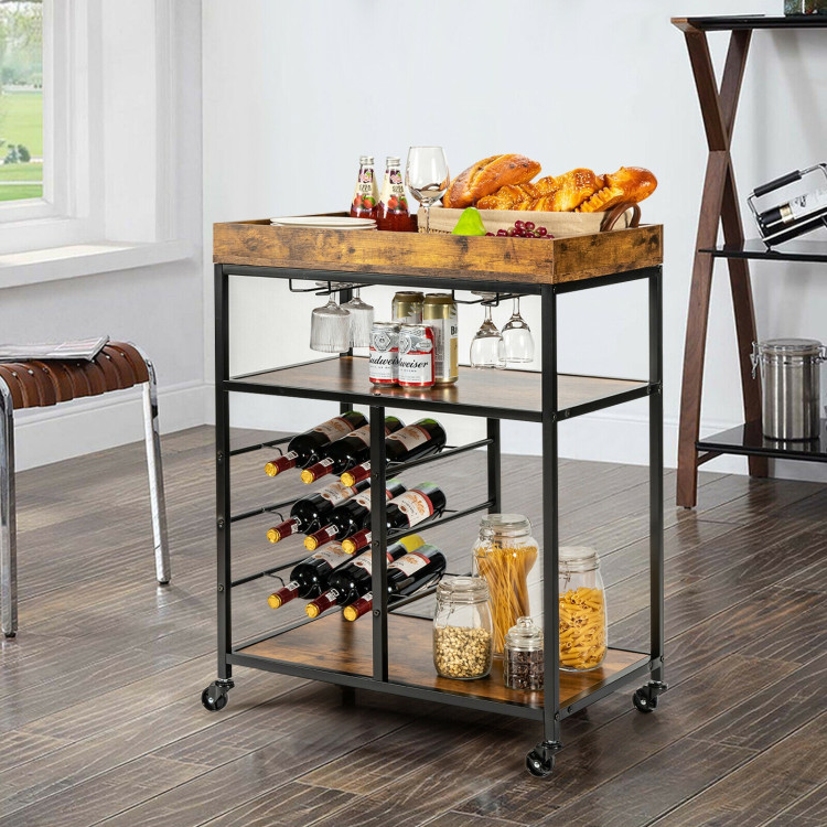 3-Tier Wood Rolling Kitchen Serving Cart with 9 Wine Bottles Rack Metal Frame-Rustic BrownCostway Gallery View 10 of 12