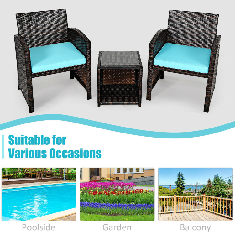 3 Pieces PE Rattan Wicker Furniture Set with Cushion Sofa Coffee Table for Garden-TurquoiseCostway Gallery View 4 of 12