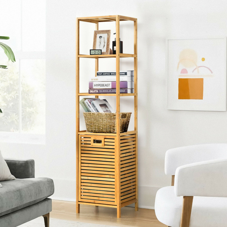 Bamboo Tower Hamper Organizer with 3-Tier Storage Shelves-NaturalCostway Gallery View 6 of 11