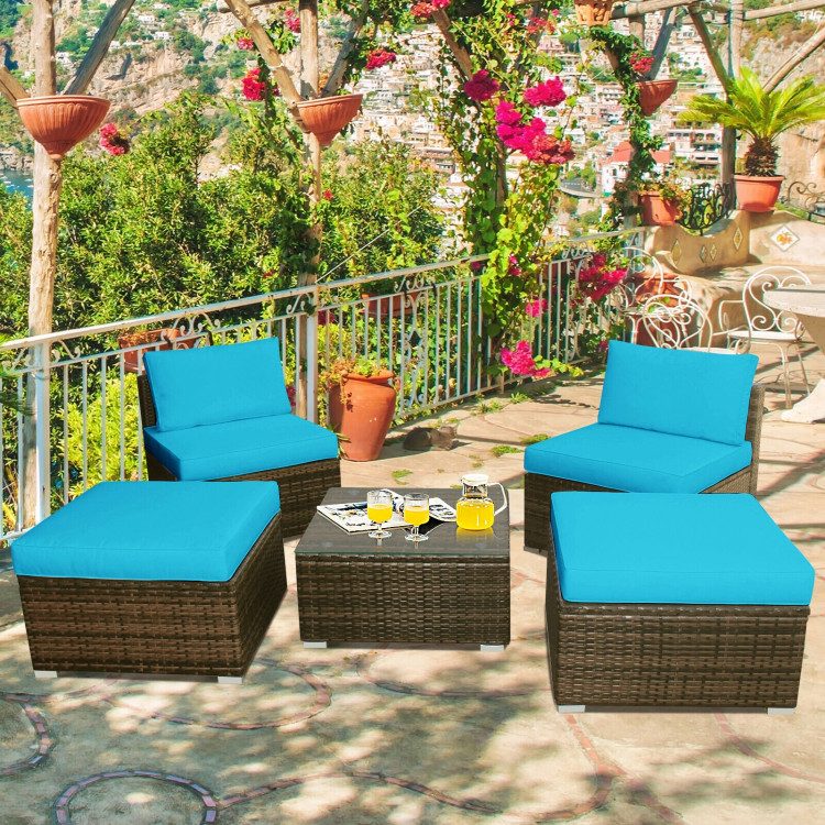 5Pcs Patio Rattan Wicker Furniture Set Armless Sofa Ottoman Cushioned-TurquoiseCostway Gallery View 7 of 12
