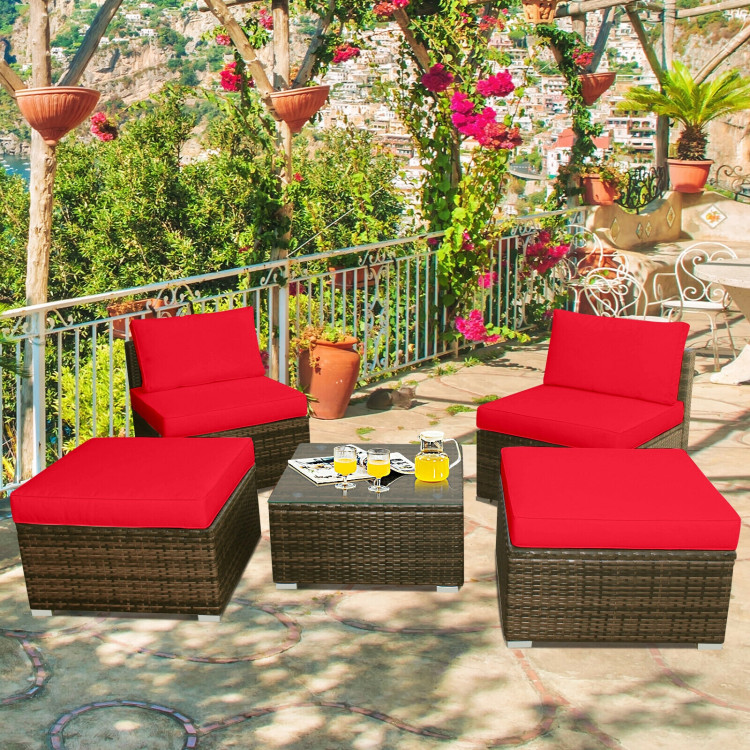 5 Pieces Patio Rattan Furniture Set with Cushioned Armless Sofa-RedCostway Gallery View 9 of 12