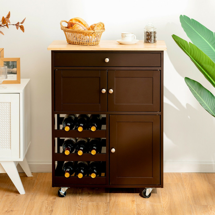 Kitchen Cart with Rubber Wood Top 3 Tier Wine Racks 2 Cabinets-BrownCostway Gallery View 7 of 12