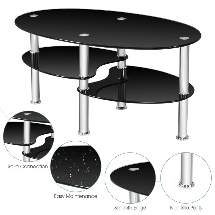 Tempered Glass Oval Side Coffee Table-BlackCostway Gallery View 6 of 11