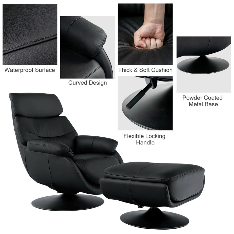 360° Swivel Leather Lounge Chair with Ottoman and Thick Footstool-BlackCostway Gallery View 5 of 12