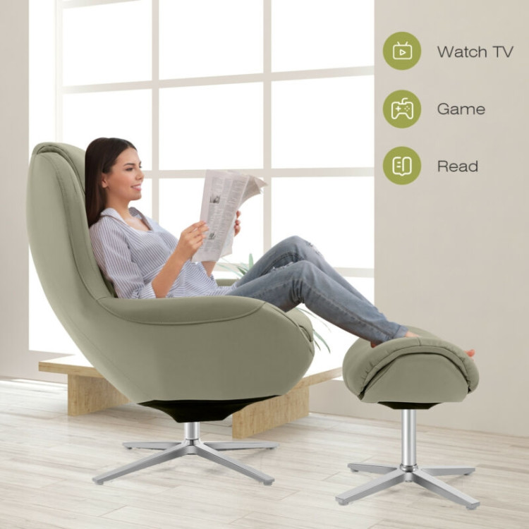 360°  Swivel Leather Lounge Chair with Ottoman and Aluminum Alloy Base-GrayCostway Gallery View 3 of 12