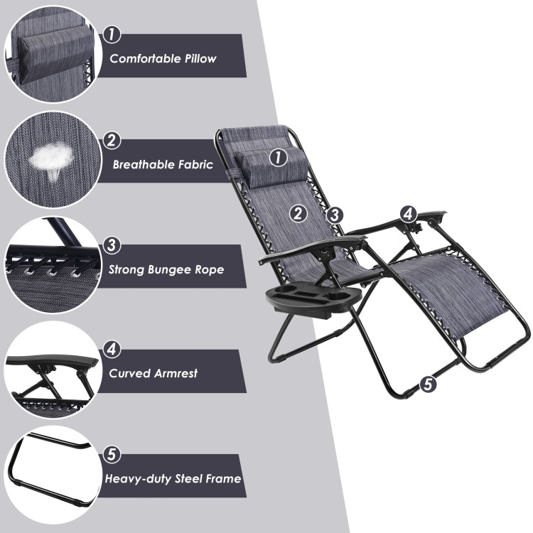 Outdoor Folding Zero Gravity Reclining Lounge Chair with Utility Tray-GrayCostway Gallery View 6 of 17